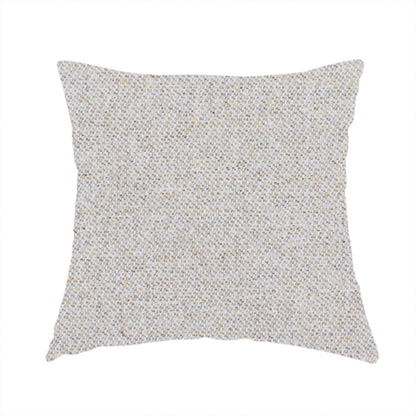 The fabric used to create this handmade cushion is a light oatmeal or pearl grey textile featuring a tight diagonal twill weave. The fabric is a multi-tonal blend, interlacing crisp white and pale grey yarns with subtle flecks of soft gold and charcoal, creating a luminous, heathered appearance.