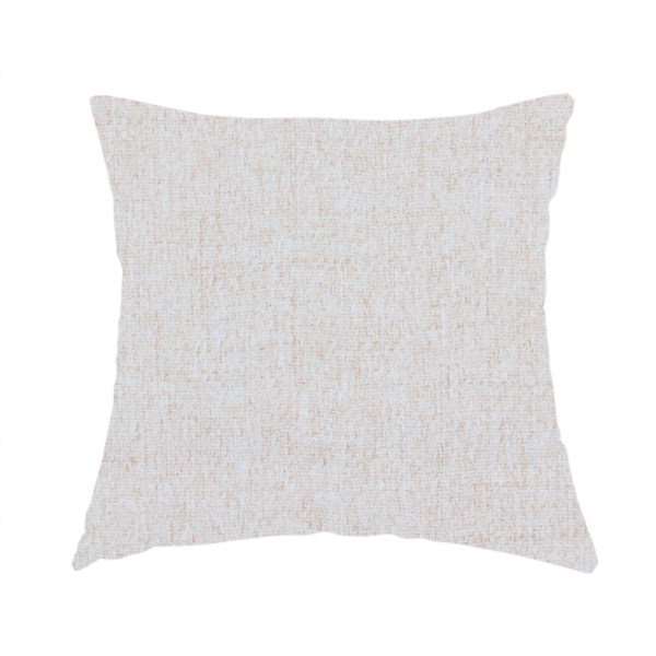 The fabric used to create this handmade cushion is a light beige upholstery fabric with a fine, textured weave.