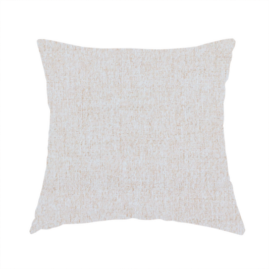 The fabric used to create this handmade cushion is a light beige upholstery fabric with a fine, textured weave.