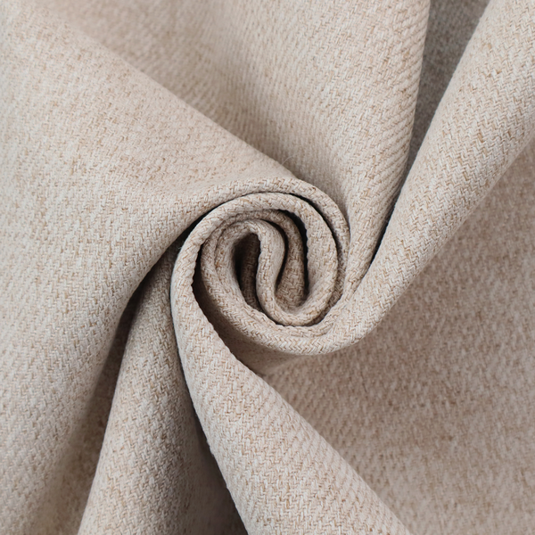A light beige and tan upholstery fabric with a fine, multi-tonal textured weave.