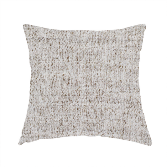 The fabric used to create this handmade cushion is a taupe and grey upholstery fabric with a dense, multi-tonal textured weave.