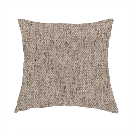 The fabric used to create this handmade cushion is a warm grey and brown upholstery fabric with a dense, diagonal textured weave.