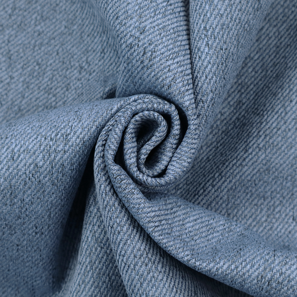 A mid-blue upholstery fabric with a dense, diagonal textured weave.