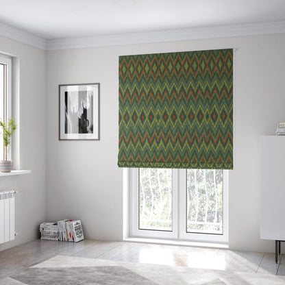 Ipoh Collection Of Chevron Striped Heavyweight Chenille Green Multi Colour Upholstery Fabric CTR-344 - Roman Blinds