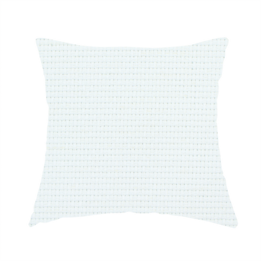 The fabric used to create these handmade cushions is a solid white fabric with a distinct, tightly woven grid texture. The material features a uniform, grid-like pattern of tiny raised squares, reminiscent of Aida cloth or a textured linen blend, creating a subtle, clean, and matte finish across the entire surface.