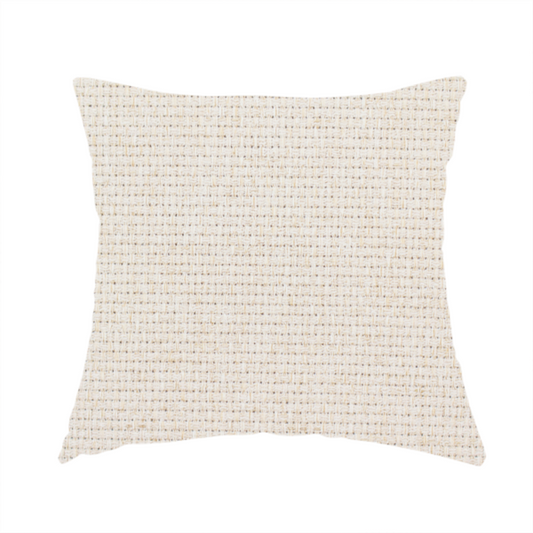 The fabric used to create this handmade cushion is a cream or off-white fabric featuring a distinct, tightly woven grid texture. The material has a uniform, basket-weave style pattern with subtle variations in tone, creating a soft, warm, and matte finish across the entire surface.