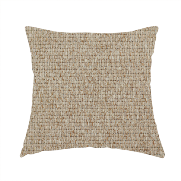 The fabric used to create this handmade cushion is a beige or light taupe fabric featuring a distinct, tightly woven grid texture. The material showcases a multi-tonal, basket-weave style pattern with blending neutral threads, creating a warm, organic, and matte finish across the entire surface.