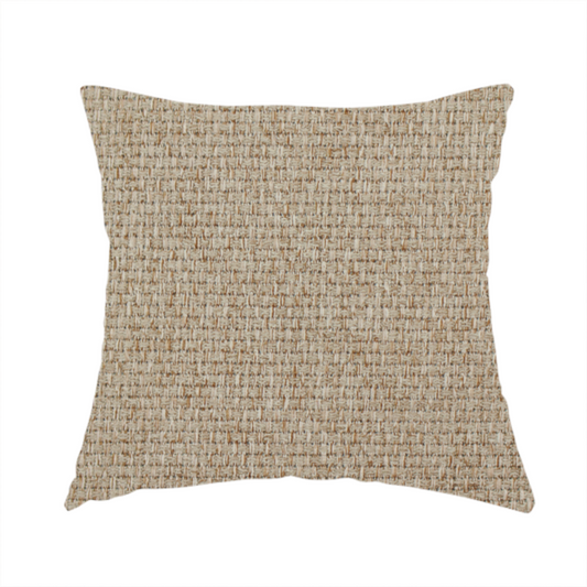 The fabric used to create this handmade cushion is a beige or light taupe fabric featuring a distinct, tightly woven grid texture. The material showcases a multi-tonal, basket-weave style pattern with blending neutral threads, creating a warm, organic, and matte finish across the entire surface.