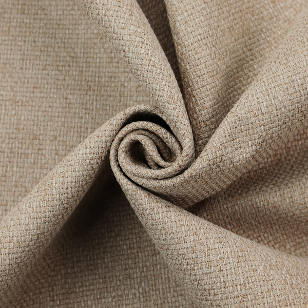 A beige or light taupe fabric featuring a distinct, tightly woven grid texture. The material showcases a multi-tonal, basket-weave style pattern with blending neutral threads, creating a warm, organic, and matte finish across the entire surface.