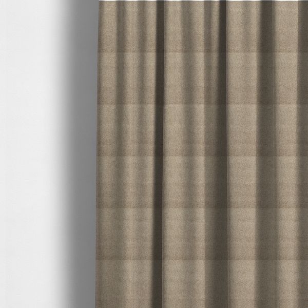 The fabric used to create these made-to-measure curtains is a beige or light taupe fabric featuring a distinct, tightly woven grid texture. The material showcases a multi-tonal, basket-weave style pattern with blending neutral threads, creating a warm, organic, and matte finish across the entire surface.