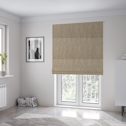 The fabric used to create these Roman blinds is a beige or light taupe fabric featuring a distinct, tightly woven grid texture. The material showcases a multi-tonal, basket-weave style pattern with blending neutral threads, creating a warm, organic, and matte finish across the entire surface.