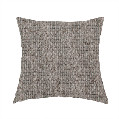 The fabric used to create this handmade cushion is a taupe or light greyish-brown fabric featuring a distinct, tightly woven grid texture. The material showcases a multi-tonal, basket-weave style pattern with blending neutral threads, creating a soft, heathered, and matte finish across the entire surface.