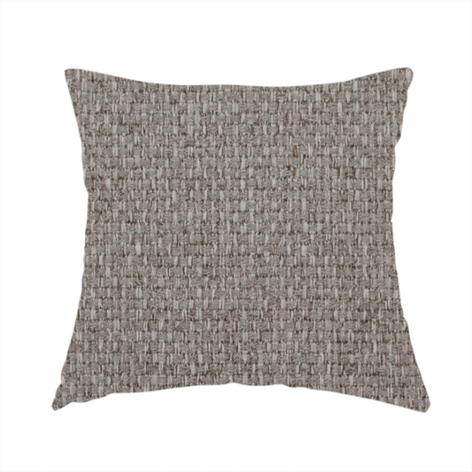 The fabric used to create this handmade cushion is a taupe or light greyish-brown fabric featuring a distinct, tightly woven grid texture. The material showcases a multi-tonal, basket-weave style pattern with blending neutral threads, creating a soft, heathered, and matte finish across the entire surface.