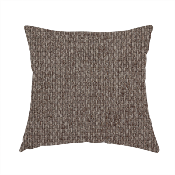 The fabric used to create this handmade cushion is a medium brown or mocha fabric featuring a distinct, tightly woven grid texture. The material showcases a multi-tonal, basket-weave style pattern with interlaced neutral and earthy threads, creating a rich, textured, and matte finish across the entire surface.