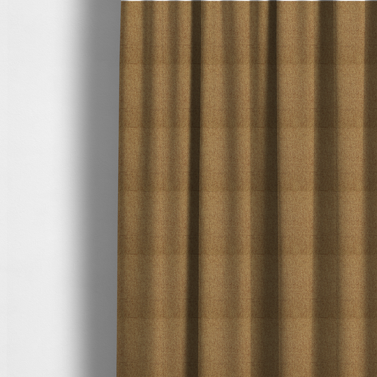 The fabric used to create these made-to-measure curtains is a golden brown or mustard fabric featuring a distinct, tightly woven grid texture. The material showcases a multi-tonal, basket-weave style pattern with blended ochre and tan threads, creating a warm, vibrant, and matte finish across the entire surface.