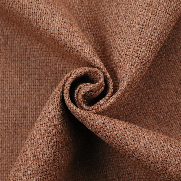 A rust or terracotta-brown fabric featuring a distinct, tightly woven grid texture. The material showcases a multi-tonal, basket-weave style pattern with interlaced copper and warm brown threads, creating a rich, earthy, and matte finish across the entire surface.