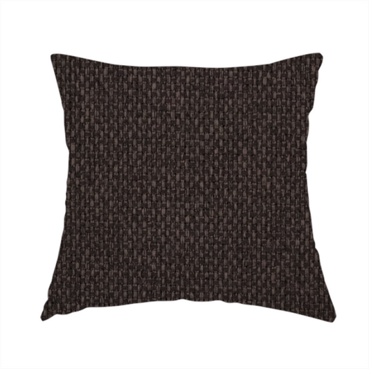 The fabric used to create this handmade cushion is a dark chocolate or espresso brown fabric featuring a distinct, tightly woven grid texture. The material showcases a deep, multi-tonal, basket-weave style pattern with interlaced charcoal and dark brown threads, creating a rich, moody, and matte finish across the entire surface.