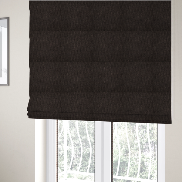 The fabric used to create these Roman blinds is a dark chocolate or espresso brown fabric featuring a distinct, tightly woven grid texture. The material showcases a deep, multi-tonal, basket-weave style pattern with interlaced charcoal and dark brown threads, creating a rich, moody, and matte finish across the entire surface.
