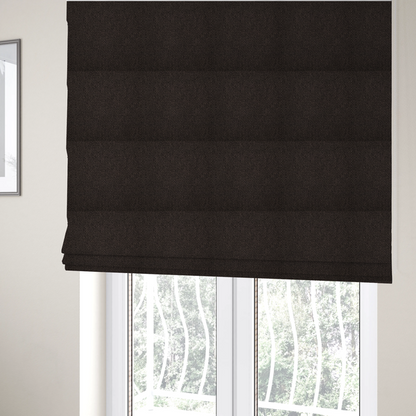 The fabric used to create these Roman blinds is a dark chocolate or espresso brown fabric featuring a distinct, tightly woven grid texture. The material showcases a deep, multi-tonal, basket-weave style pattern with interlaced charcoal and dark brown threads, creating a rich, moody, and matte finish across the entire surface.