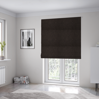 The fabric used to create these Roman blinds is a dark chocolate or espresso brown fabric featuring a distinct, tightly woven grid texture. The material showcases a deep, multi-tonal, basket-weave style pattern with interlaced charcoal and dark brown threads, creating a rich, moody, and matte finish across the entire surface.