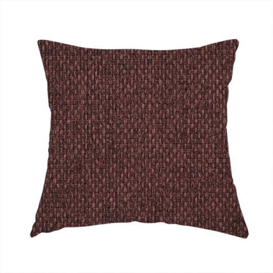 The fabric used to create this handmade cushion is a deep maroon or burgundy fabric featuring a distinct, tightly woven grid texture. The material showcases a rich, multi-tonal, basket-weave style pattern with interlaced plum and dark earthy threads, creating a warm, elegant, and matte finish across the entire surface.