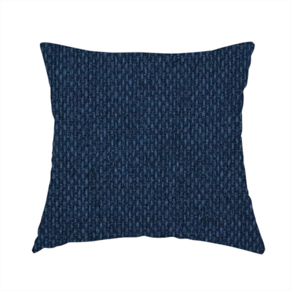 The fabric used to create this handmade cushion is a deep navy or indigo blue fabric featuring a distinct, tightly woven grid texture. The material showcases a multi-tonal, basket-weave style pattern with blended dark blue and subtle charcoal threads, creating a rich, classic, and matte finish across the entire surface.