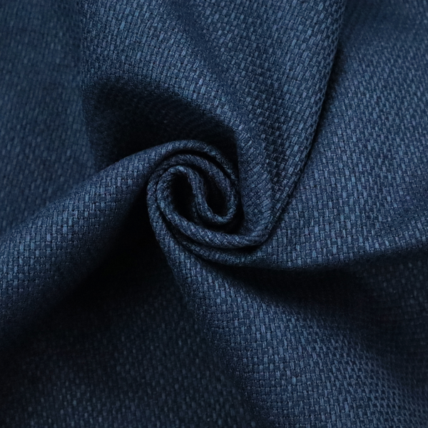 A deep navy or indigo blue fabric featuring a distinct, tightly woven grid texture. The material showcases a multi-tonal, basket-weave style pattern with blended dark blue and subtle charcoal threads, creating a rich, classic, and matte finish across the entire surface.