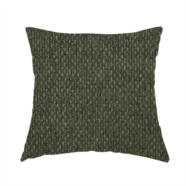 The fabric used to create this handmade cushion is a deep olive or moss green fabric featuring a distinct, tightly woven grid texture. The material showcases a rich, multi-tonal, basket-weave style pattern with interlaced forest green and muted earthy threads, creating a natural, sophisticated, and matte finish across the entire surface.