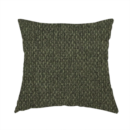 The fabric used to create this handmade cushion is a deep olive or moss green fabric featuring a distinct, tightly woven grid texture. The material showcases a rich, multi-tonal, basket-weave style pattern with interlaced forest green and muted earthy threads, creating a natural, sophisticated, and matte finish across the entire surface.