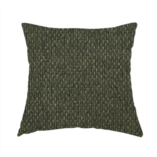 The fabric used to create this handmade cushion is a deep olive or moss green fabric featuring a distinct, tightly woven grid texture. The material showcases a rich, multi-tonal, basket-weave style pattern with interlaced forest green and muted earthy threads, creating a natural, sophisticated, and matte finish across the entire surface.