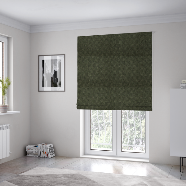 The fabric used to create these Roman blinds is a deep olive or moss green fabric featuring a distinct, tightly woven grid texture. The material showcases a rich, multi-tonal, basket-weave style pattern with interlaced forest green and muted earthy threads, creating a natural, sophisticated, and matte finish across the entire surface.