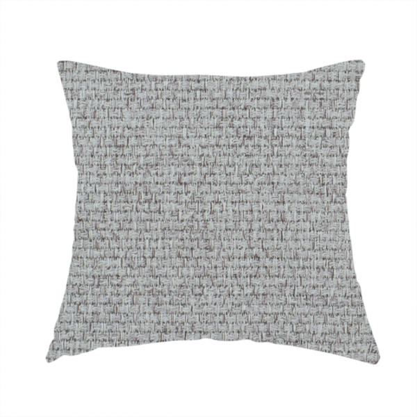 The fabric used to create this handmade cushion is a mid-grey or stone-grey fabric featuring a distinct, tightly woven grid texture. The material showcases a multi-tonal, basket-weave style pattern with blended cool grey, taupe, and subtle white threads, creating a grounded, textured neutral, and matte finish across the entire surface.
