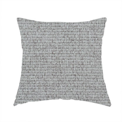 The fabric used to create this handmade cushion is a mid-grey or stone-grey fabric featuring a distinct, tightly woven grid texture. The material showcases a multi-tonal, basket-weave style pattern with blended cool grey, taupe, and subtle white threads, creating a grounded, textured neutral, and matte finish across the entire surface.