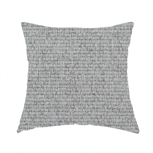 The fabric used to create this handmade cushion is a mid-grey or stone-grey fabric featuring a distinct, tightly woven grid texture. The material showcases a multi-tonal, basket-weave style pattern with blended cool grey, taupe, and subtle white threads, creating a grounded, textured neutral, and matte finish across the entire surface.
