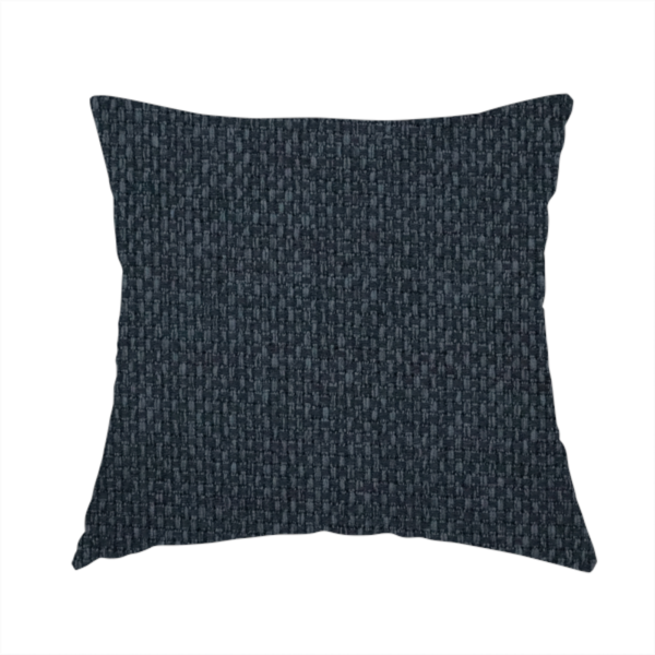 The fabric used to create this handmade cushion is a dark charcoal-grey or slate fabric featuring a distinct, tightly woven grid texture. The material showcases a rich, multi-tonal, basket-weave style pattern with blended deep grey, subtle navy, and black threads, creating a moody, sophisticated, and matte finish across the entire surface.