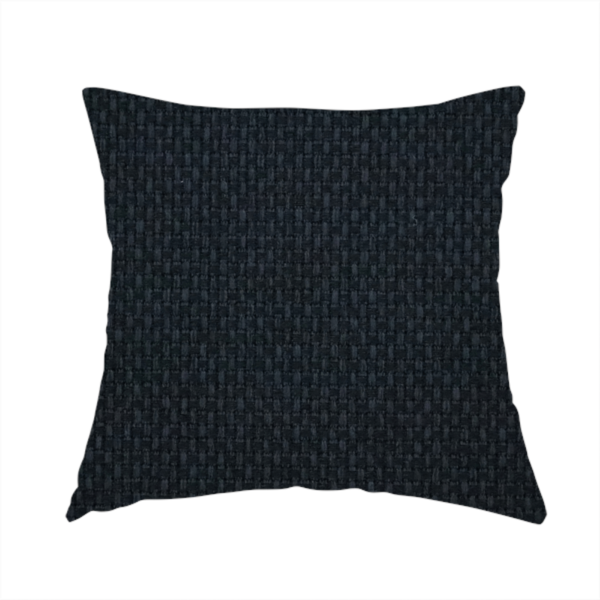 The fabric used to create this handmade cushion is a deep midnight-black or ink-black fabric featuring a distinct, tightly woven grid texture. The material showcases a rich, multi-tonal, basket-weave style pattern with interlaced charcoal and solid black threads, creating a dramatic, subtle, and matte finish across the entire surface.