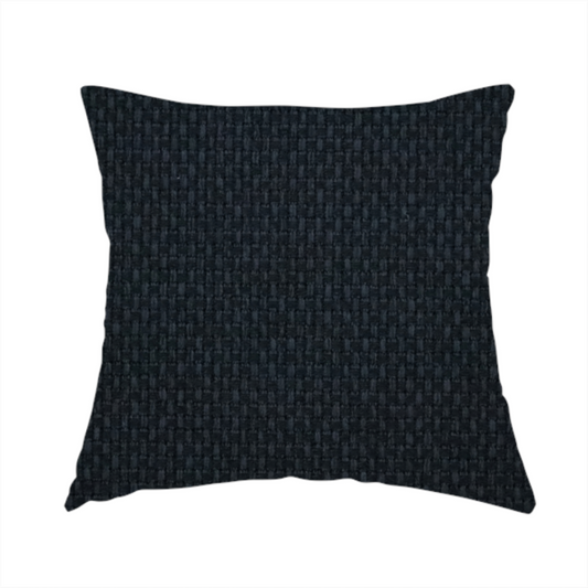 The fabric used to create this handmade cushion is a deep midnight-black or ink-black fabric featuring a distinct, tightly woven grid texture. The material showcases a rich, multi-tonal, basket-weave style pattern with interlaced charcoal and solid black threads, creating a dramatic, subtle, and matte finish across the entire surface.