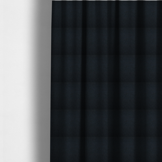 The fabric used to create these made-to-measure curtains is a deep midnight-black or ink-black fabric featuring a distinct, tightly woven grid texture. The material showcases a rich, multi-tonal, basket-weave style pattern with interlaced charcoal and solid black threads, creating a dramatic, subtle, and matte finish across the entire surface.
