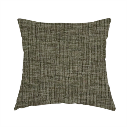 The fabric used to create this handmade cushion is a textured upholstery fabric in an earthy olive or sage green colour. The material features a prominent cross-hatched slub texture with subtle horizontal and vertical ridges, giving it a cosy, multi-dimensional chenille appearance.