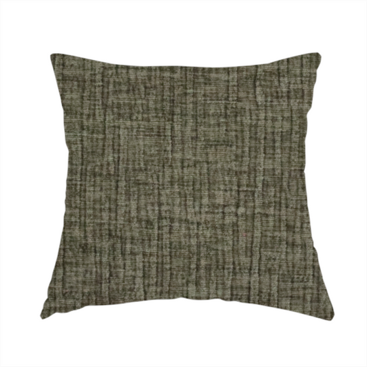 The fabric used to create this handmade cushion is a textured upholstery fabric in an earthy olive or sage green colour. The material features a prominent cross-hatched slub texture with subtle horizontal and vertical ridges, giving it a cosy, multi-dimensional chenille appearance.
