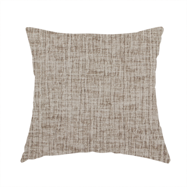 The fabric used to create these handmade cushions is a textured upholstery fabric in a neutral taupe or greige colour. The material features a distinctive cross-hatched slub texture with subtle vertical and horizontal ridges, creating a soft, dimensional chenille finish.