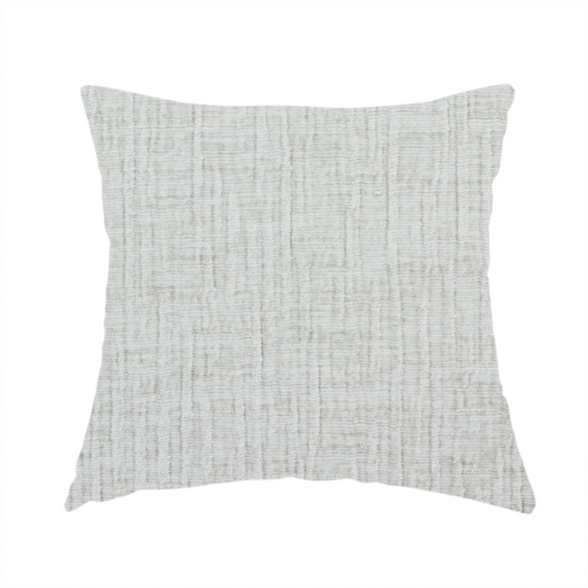 The fabric used to create this handmade cushion is a textured upholstery fabric in a light silver or pale grey colour. The material features a subtle cross-hatched slub texture with fine vertical and horizontal ridges, creating a soft, dimensional chenille finish.