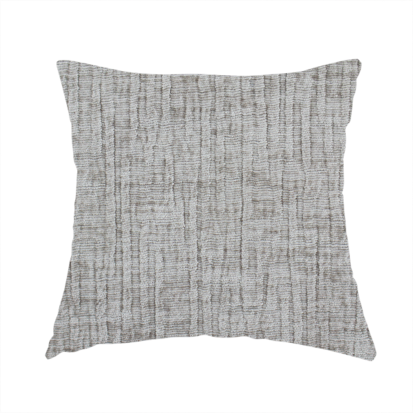The fabric used to create these handmade cushions is a textured upholstery fabric in a mid-tone grey or pebble shade. The material features a distinct cross-hatched slub texture with prominent vertical and fine horizontal ridges, creating a soft, dimensional chenille finish.