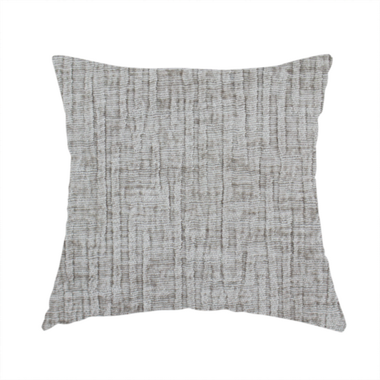 The fabric used to create these handmade cushions is a textured upholstery fabric in a mid-tone grey or pebble shade. The material features a distinct cross-hatched slub texture with prominent vertical and fine horizontal ridges, creating a soft, dimensional chenille finish.