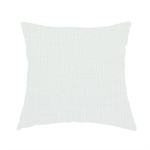 The fabric used to create this handmade cushion is a textured fabric swatch in a crisp, clean white or off-white colour. The material features a dense, uniform nubby weave with a soft, matte finish, creating a bright and minimalist appearance.