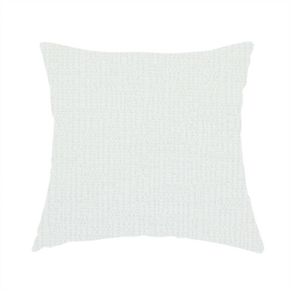 The fabric used to create this handmade cushion is a textured fabric swatch in a crisp, clean white or off-white colour. The material features a dense, uniform nubby weave with a soft, matte finish, creating a bright and minimalist appearance.