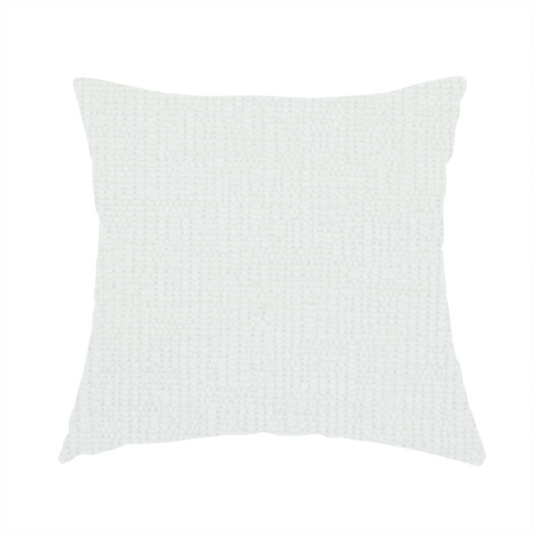 The fabric used to create this handmade cushion is a textured fabric swatch in a crisp, clean white or off-white colour. The material features a dense, uniform nubby weave with a soft, matte finish, creating a bright and minimalist appearance.