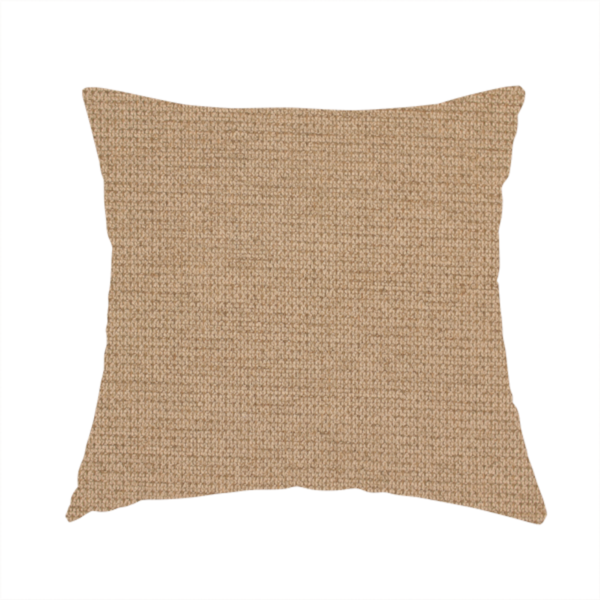 The fabric used to create this handmade cushion is a textured beige fabric with a tight, uniform cross-weave.