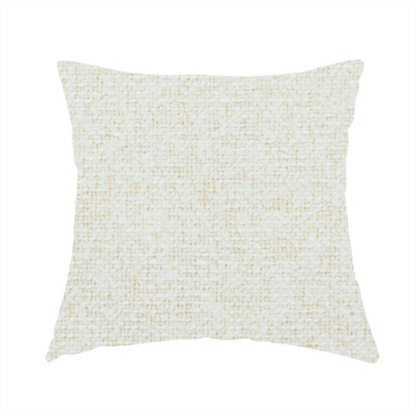 The fabric used to create this handmade cushion is a textured cream and off-white woven fabric.