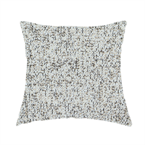 The fabric used to create this handmade cushion is a cream, beige, and charcoal grey woven upholstery fabric swatch.